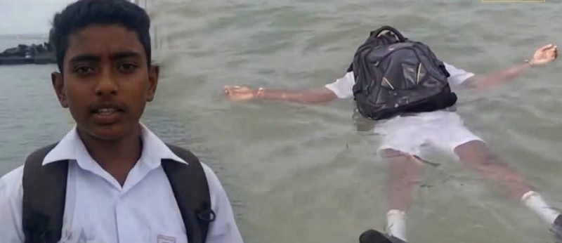 பாடசாலை பையை உயிர் காக்கும் கருவியாக மாற்றிய மாணவன்